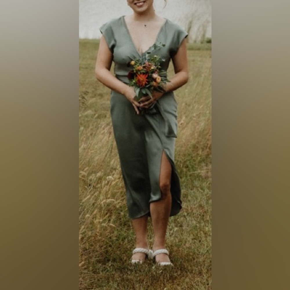 BHLDN Olive Green Satin Midi Dress with Side Slit